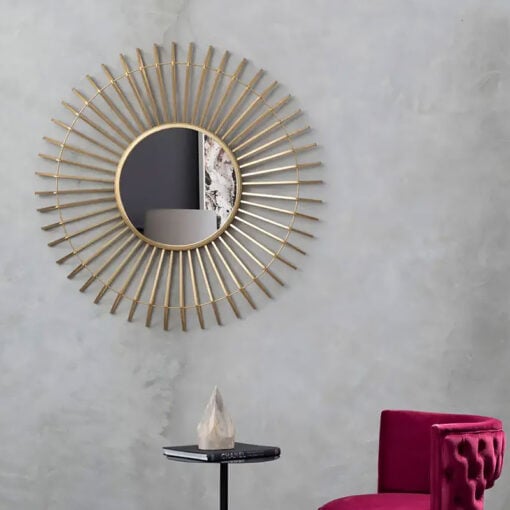 Art Deco Extra Large Round Gold Metal Sunburst Wall Mirror 107cm