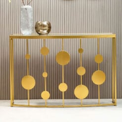 Art Deco Geometric Circles Mirrored Glass And Gold Metal Console Table