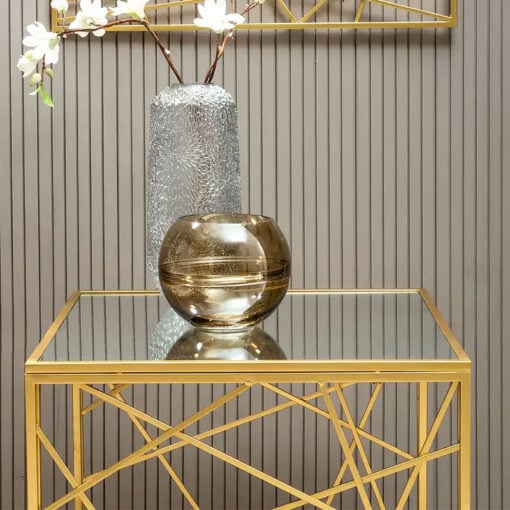 Art Deco Geometric Mirrored Glass And Gold Metal End Table Side Table