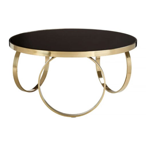 Art Deco Gold Metal Rings And Black Mirrored Glass Large Coffee Table