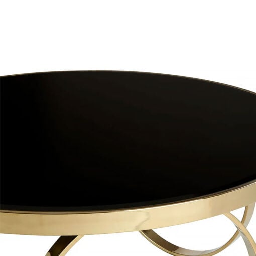 Art Deco Gold Metal Rings And Black Mirrored Glass Large Coffee Table