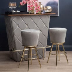 Art Deco Grey Velvet And Gold Set Of 1 Bar Cabinet And 2 Bar Stools