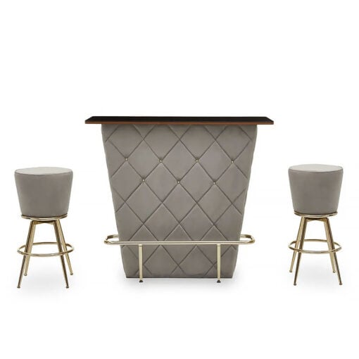 Art Deco Grey Velvet And Gold Set Of 1 Bar Cabinet And 2 Bar Stools