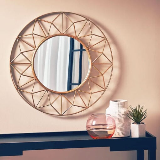 Art Deco Large Round Gold Metal Geometric 3D Sun Wall Mirror 71cm