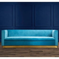 Art Deco Light Blue Velvet And Gold Metal 3 Seater Tufted Sofa