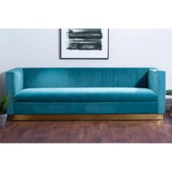 Art Deco Light Blue Velvet And Gold Metal 3 Seater Tufted Sofa