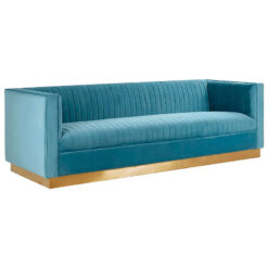 Art Deco Light Blue Velvet And Gold Metal 3 Seater Tufted Sofa