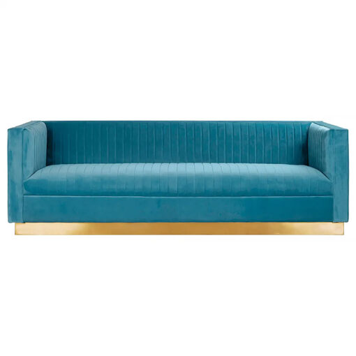 Art Deco Light Blue Velvet And Gold Metal 3 Seater Tufted Sofa