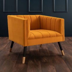 Art Deco Mustard Yellow Accent Armchair With Gold And Black Metal Legs