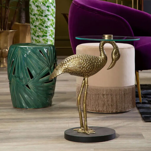 Art Deco Pelican Bird Gold Metal Animal Side Table With Glass Top