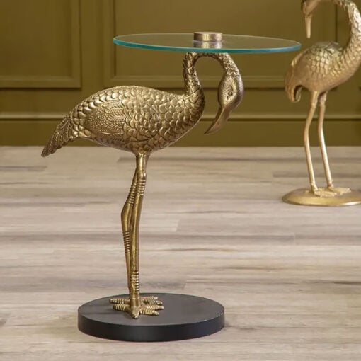 Art Deco Pelican Bird Gold Metal Animal Side Table With Glass Top