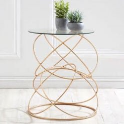 Art Deco Round Circles Clear Glass And Rose Gold Metal End Side Table
