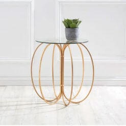 Art Deco Round Clear Glass And Rose Gold Metal End Side Table