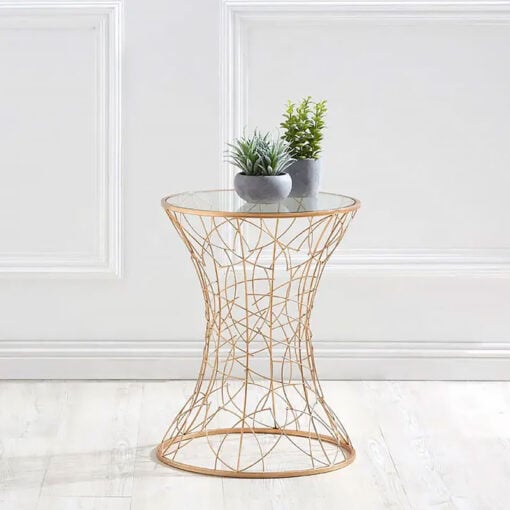 Art Deco Round Concave Clear Glass And Rose Gold Metal Side End Table