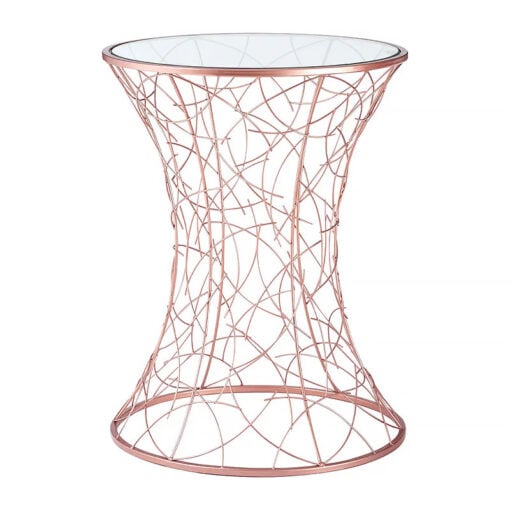 Art Deco Round Concave Clear Glass And Rose Gold Metal Side End Table