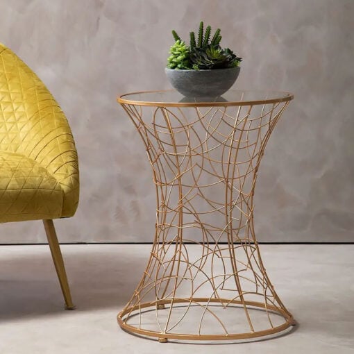 Art Deco Round Concave Clear Glass And Rose Gold Metal Side End Table