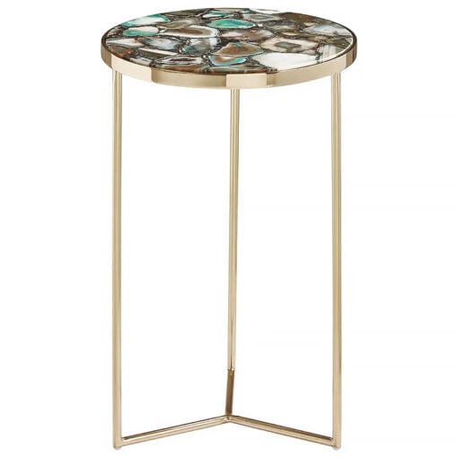 Art Deco Round Green Agate Stone And Gold Metal Side Table End Table