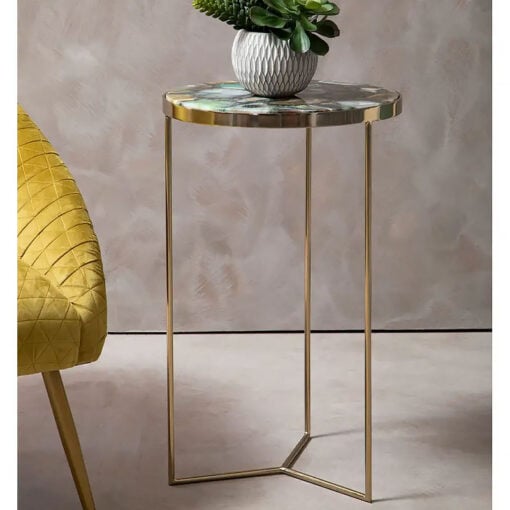 Art Deco Round Green Agate Stone And Gold Metal Side Table End Table