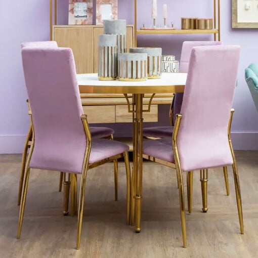 Art Deco Round White Concrete Effect Wood And Gold Metal Dining Table