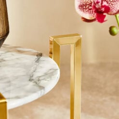 Art Deco Round White Marble And Gold Metal End Side Table