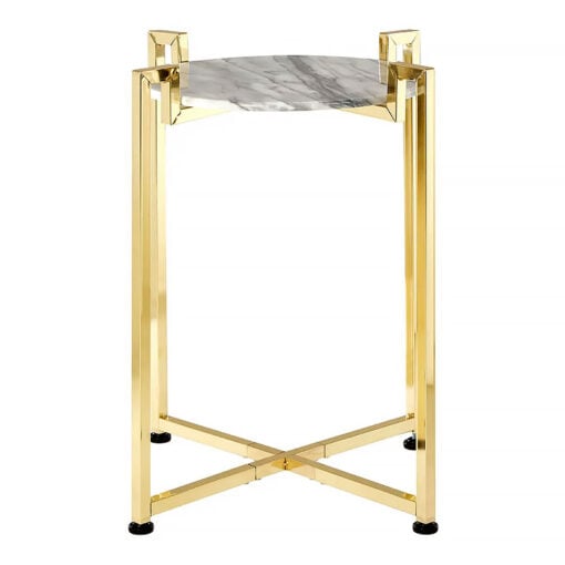 Art Deco Round White Marble And Gold Metal End Side Table