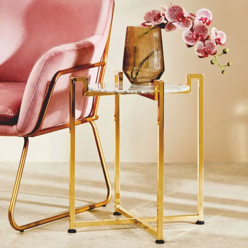 Art Deco Round White Marble And Gold Metal End Side Table