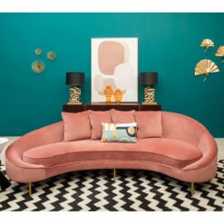 Art Deco Salmon Pink Velvet And Gold Metal 4 Seater Crescent Sofa