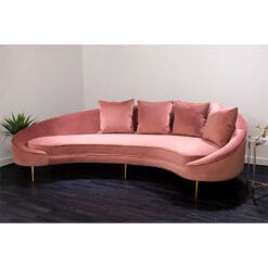 Art Deco Salmon Pink Velvet And Gold Metal 4 Seater Crescent Sofa