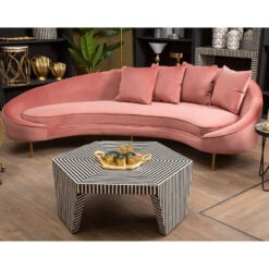 Art Deco Salmon Pink Velvet And Gold Metal 4 Seater Crescent Sofa