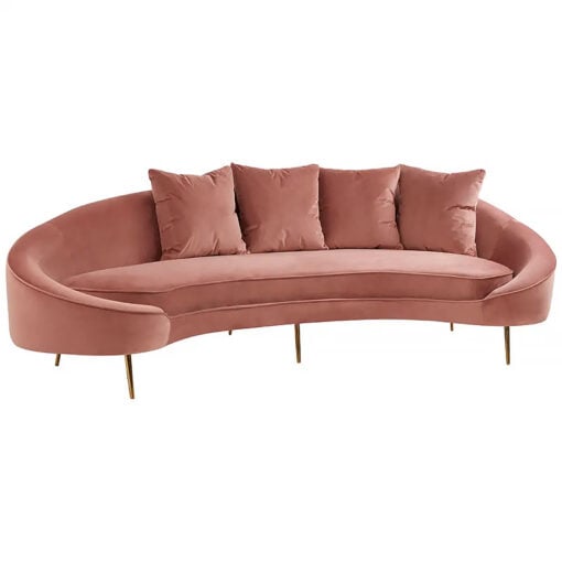 Art Deco Salmon Pink Velvet And Gold Metal 4 Seater Crescent Sofa