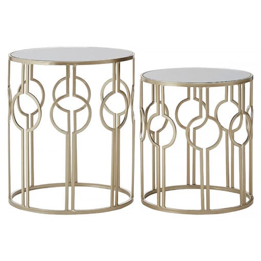 Art Deco Set Of 2 Nesting Gold Metal And Mirrored Glass Side Tables