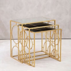 Art Deco Set Of 3 Nesting Gold Metal And Mirrored Glass Side Tables