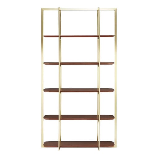 Art Deco Walnut Wood And Gold Metal 5 Tier Shelving Unit Bookcase