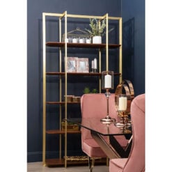 Art Deco Walnut Wood And Gold Metal 5 Tier Shelving Unit Bookcase