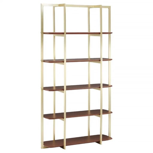 Art Deco Walnut Wood And Gold Metal 5 Tier Shelving Unit Bookcase