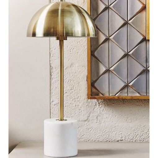 Art Deco White Marble And Gold Brass Metal Dome Shade Table Lamp 56cm