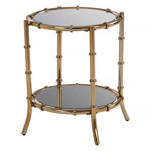 Bamboo Design 2 Tier Gold Metal And Mirrored Glass Round Side Table