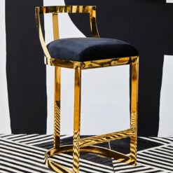 Bea Art Deco Black Velvet And Gold Metal Bar Stool With Backrest