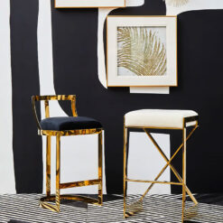 Bea Art Deco Black Velvet And Gold Metal Bar Stool With Backrest