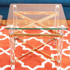 Clarice Art Deco Clear Glass And Gold Metal Side Table With Acrylic Legs