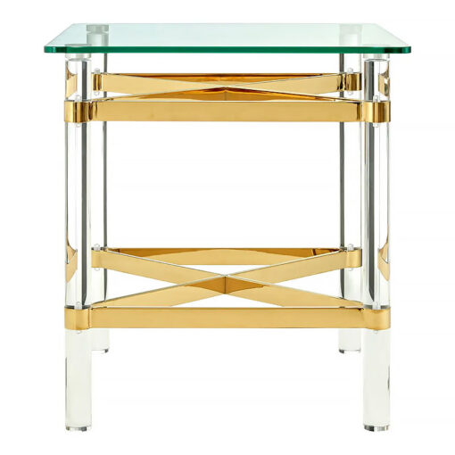 Clarice Art Deco Clear Glass And Gold Metal Side Table With Acrylic Legs