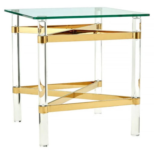 Clarice Art Deco Clear Glass And Gold Metal Side Table With Acrylic Legs