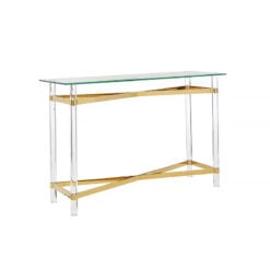 Clarice Art Deco Glass And Gold Metal Console Table With Acrylic Legs