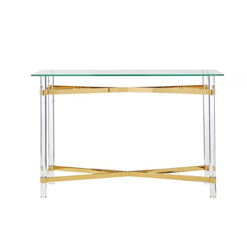 Clarice Art Deco Glass And Gold Metal Console Table With Acrylic Legs