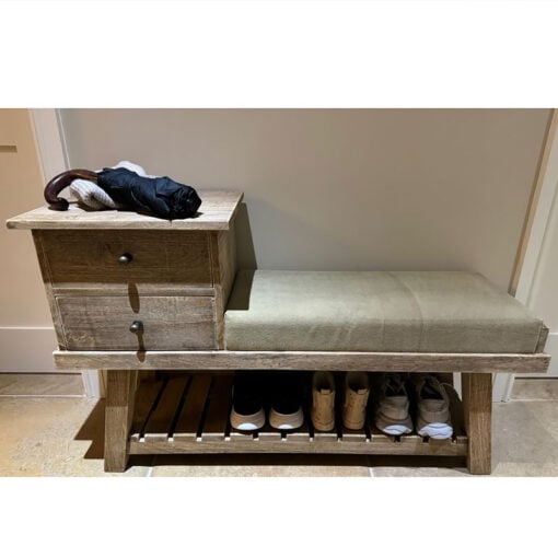 Country Rustic Solid Mango Wood Cushioned Hallway Storage Bench Shoe Rack