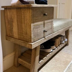 Country Rustic Solid Mango Wood Cushioned Hallway Storage Bench Shoe Rack