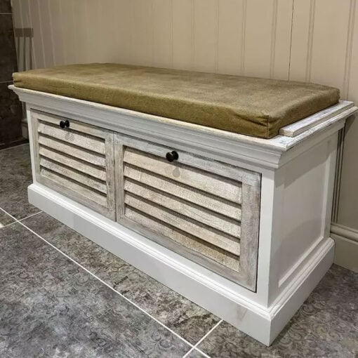 Country Rustic White Solid Wood Low Storage Cupboard Bench With Cushion