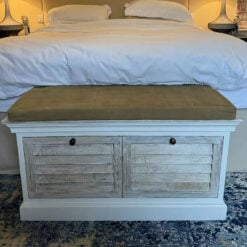 Country Rustic White Solid Wood Low Storage Cupboard Bench With Cushion