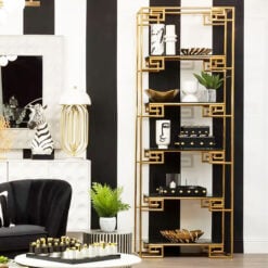 Dion Art Deco Gold Metal And Black Glass 5 Tier Shelving Unit Bookcase