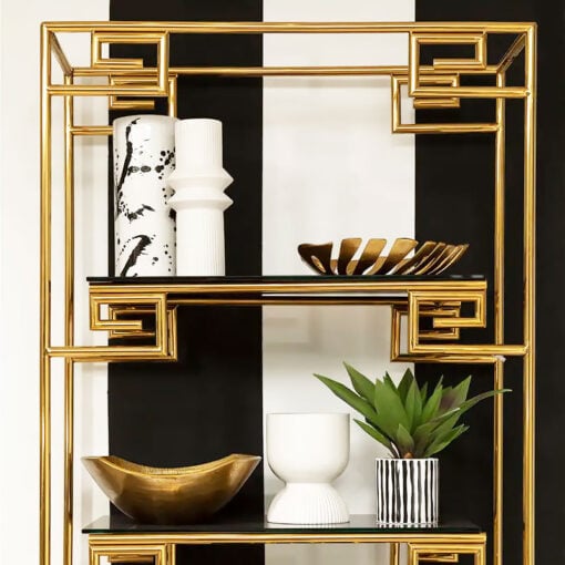 Dion Art Deco Gold Metal And Black Glass 5 Tier Shelving Unit Bookcase